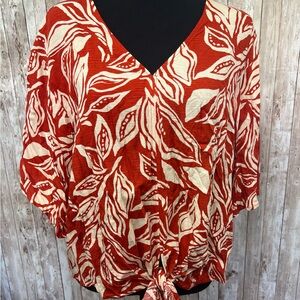 Tamara Orange and Cream‎ 1/2 Sleeve Tie Front Blouse